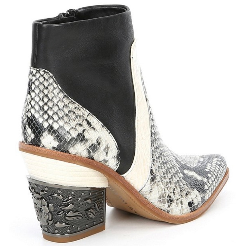 Gianni Bini Snake Print Metal Block Heel Booties - Picture 3 of 5